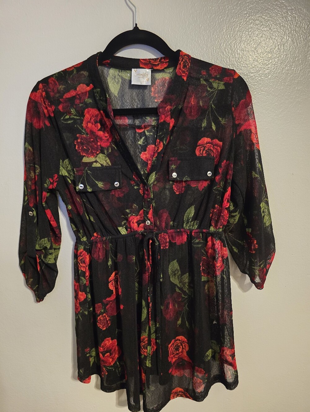 Shelby & Palmer Black Tunic Dress with Red Rose Print